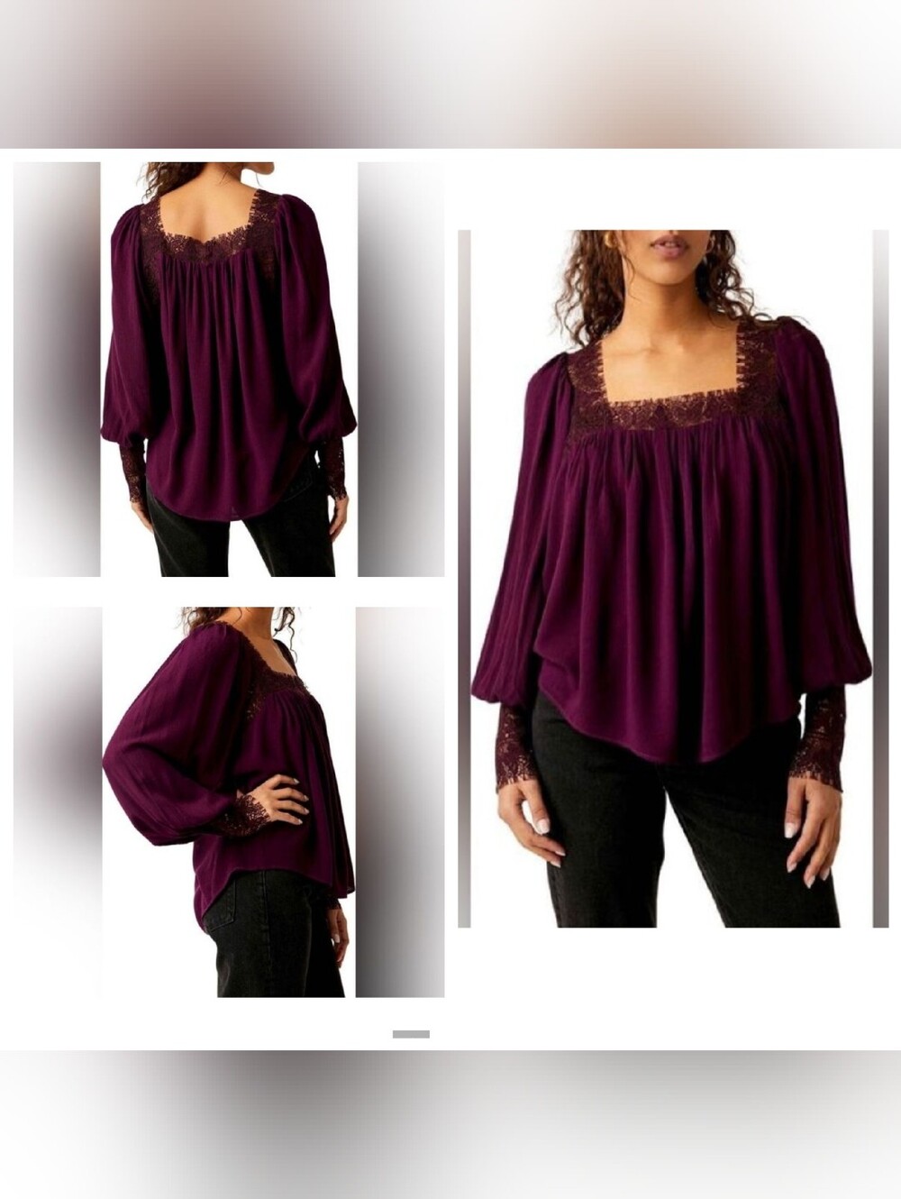 NWT Free People Flutter By Lace Blouse Top Purple Size L Prairie Boho Peasant - Picture 2 of 16